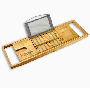 Premium extendable bamboo bathtub tray with adjustable reading rack